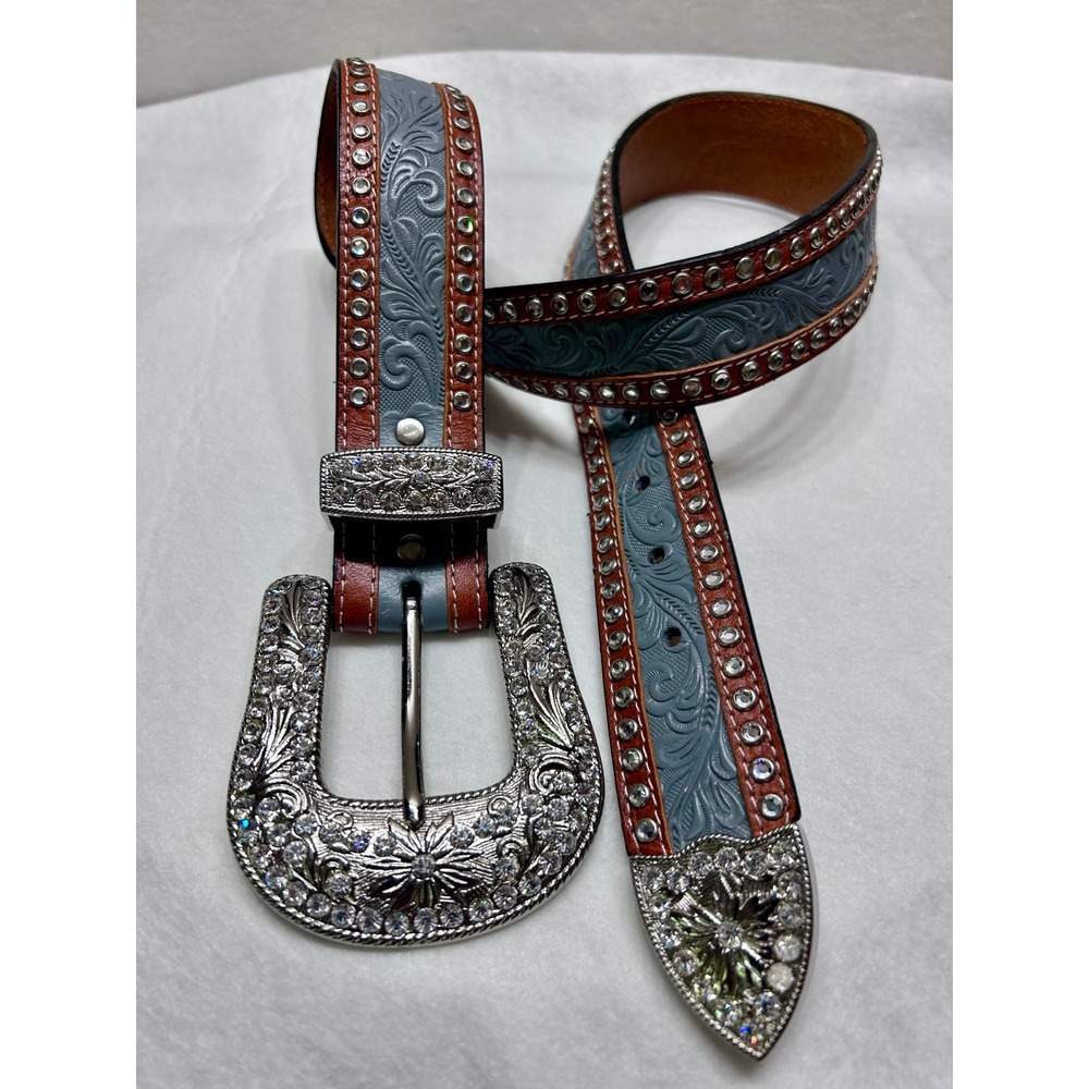 3-D Belt Womens Blue Tooled Leather Rhinestone Western Cowgirl Belt Size 32 647